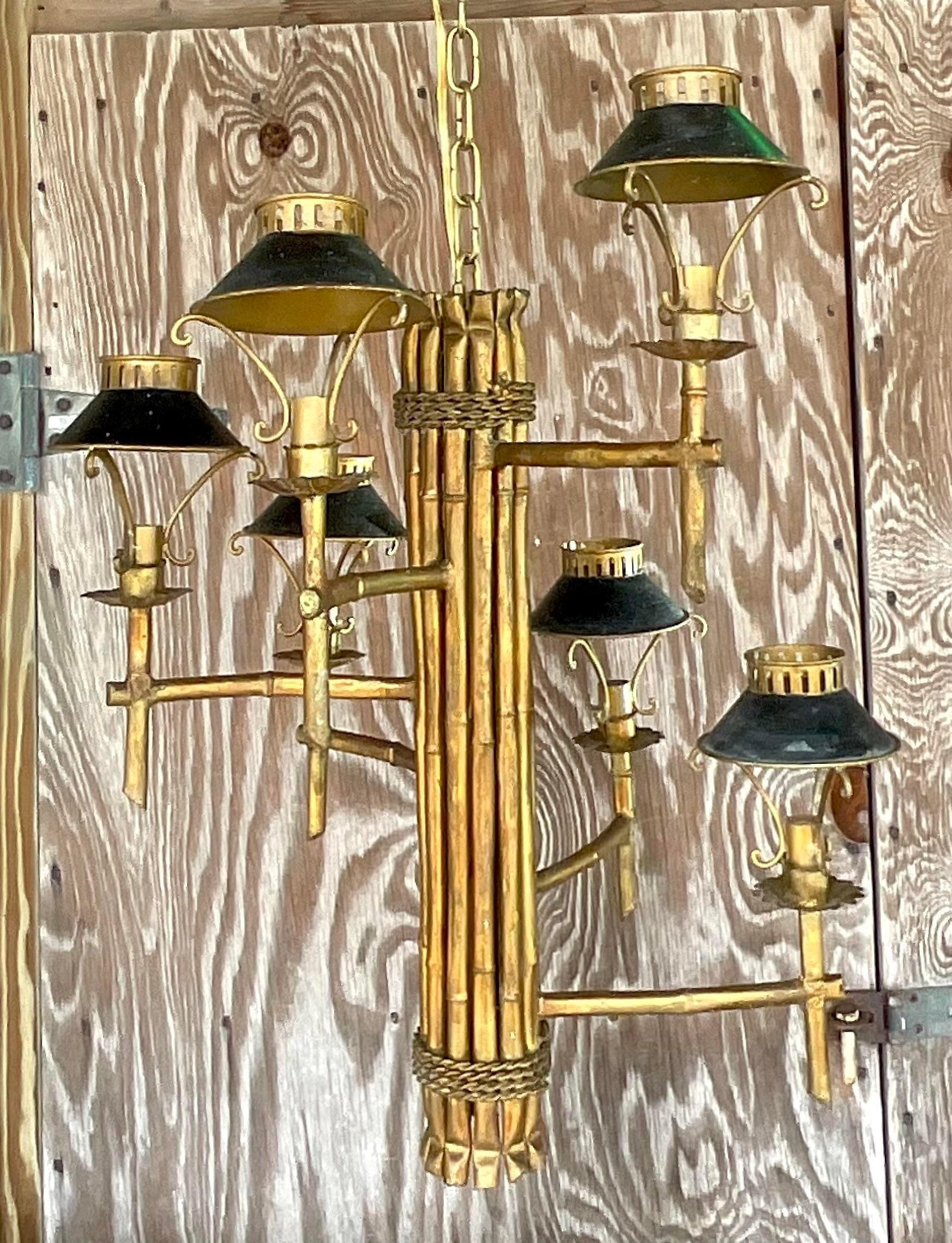 Metal Vintage Late 20th Century Regency Gilt Bamboo Spiral Chandelier For Sale