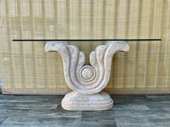 Vintage Late 20th Century Sculptural Faux Stone Console Table W/ Glass. C 1980s