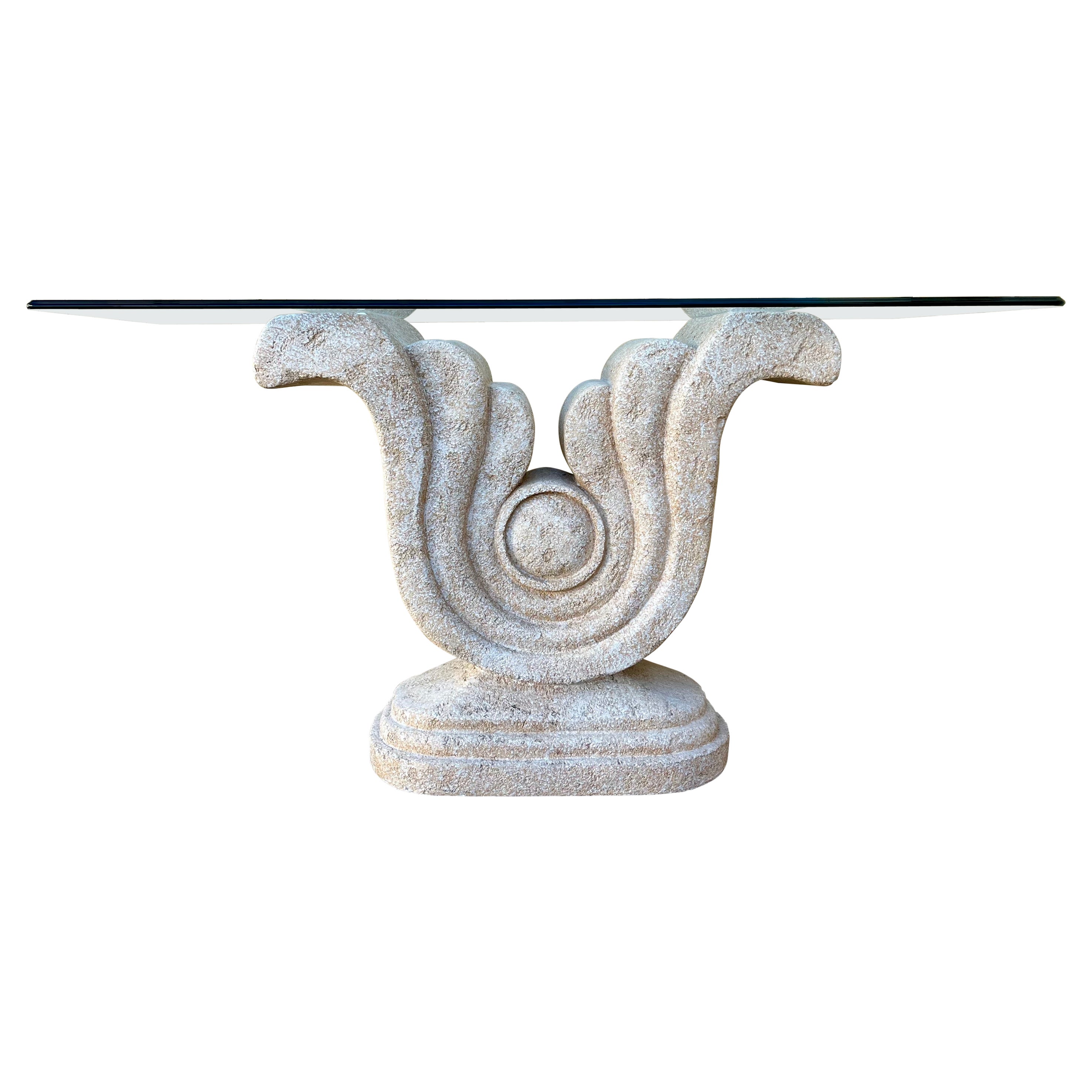 Vintage Late 20th Century Sculptural Faux Stone Console Table W/ Glass. C 1980