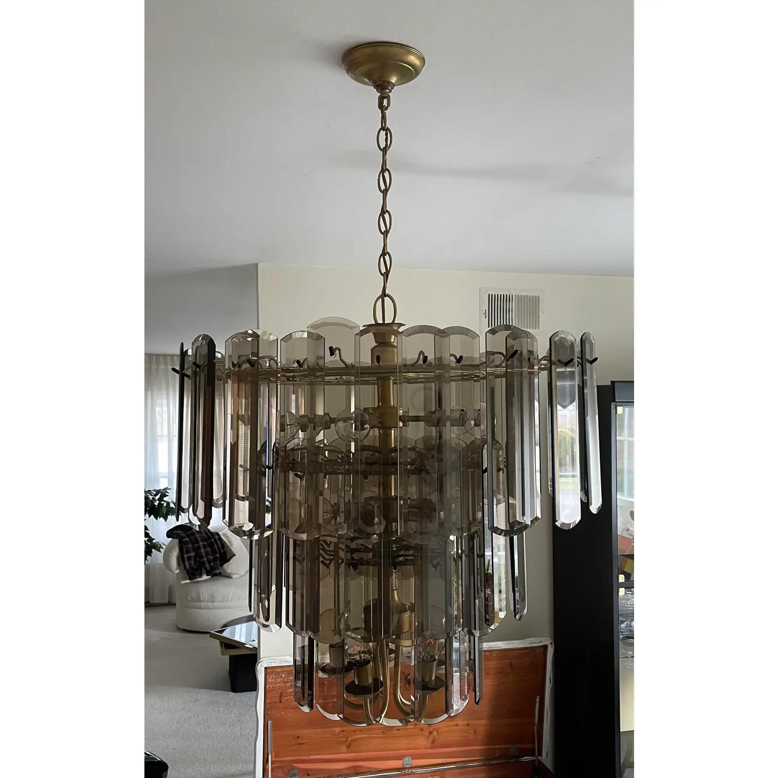 Vintage Late 20th Century Smoked Beveled Glass 3 Tier Chandelier For ...