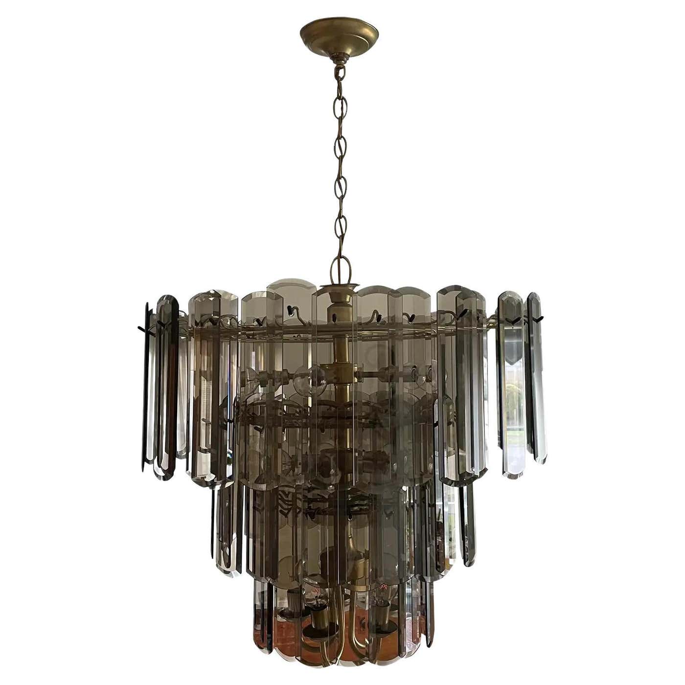 Vintage Late 20th Century Smoked Beveled Glass 3 Tier Chandelier For ...