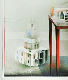Vintage Late 20th Century Surreal Architectural Lithograph