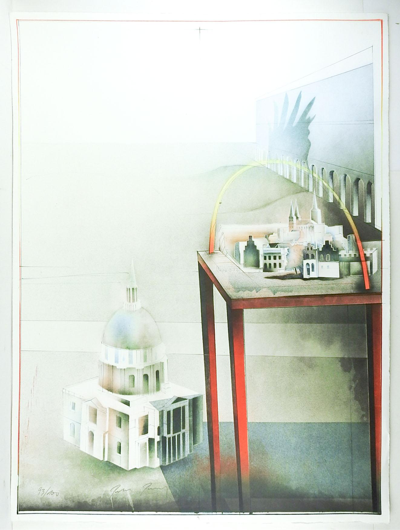 Modern Vintage Late 20th Century Surreal Architectural Lithograph For Sale