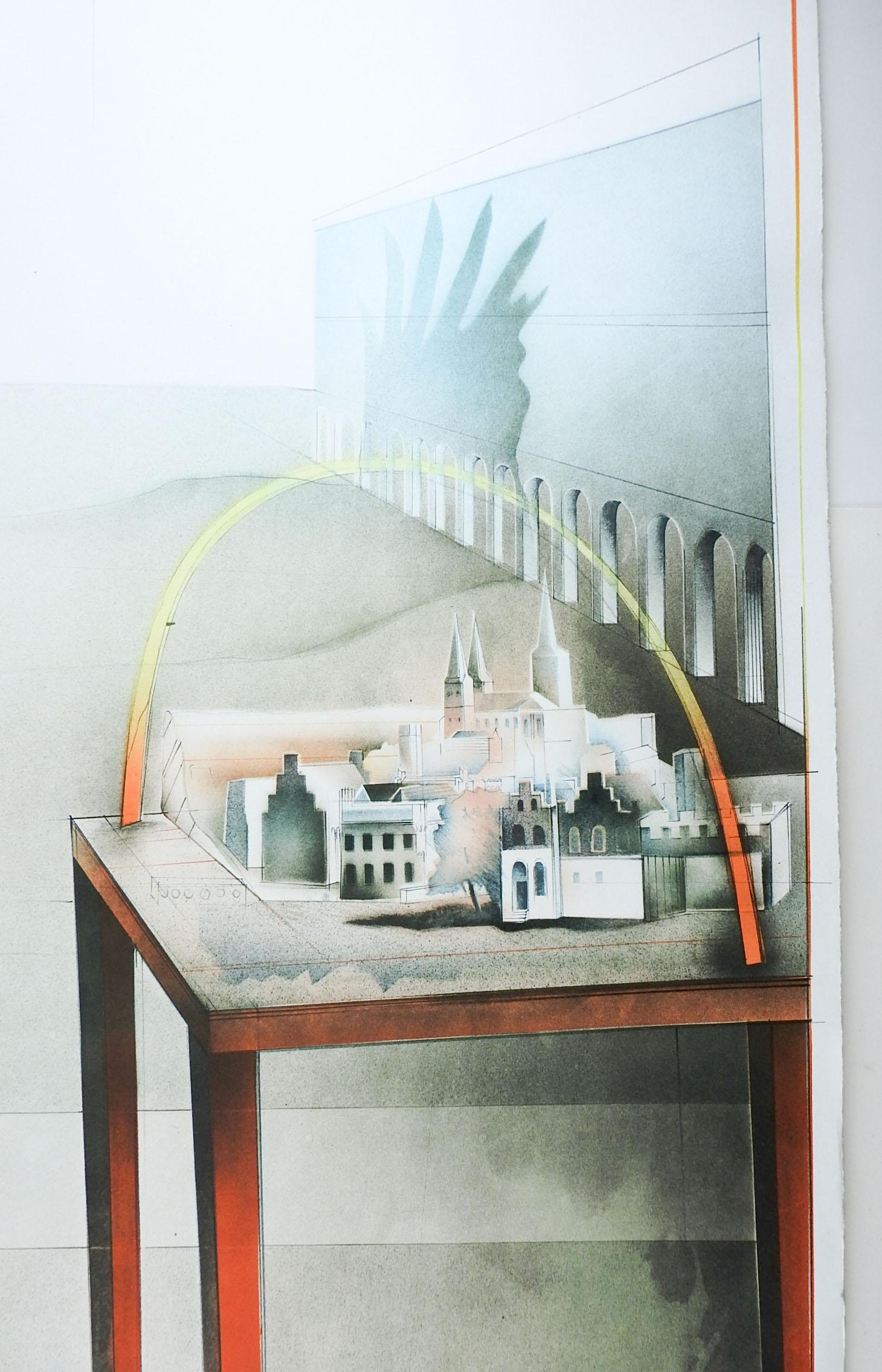 Unknown Vintage Late 20th Century Surreal Architectural Lithograph For Sale