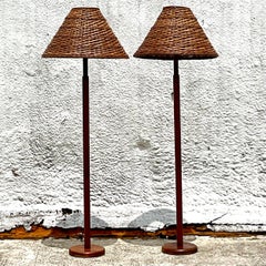 Vintage Late 20th Century Teak Floor Lamps With Woven Rattan Shades - a Pair
