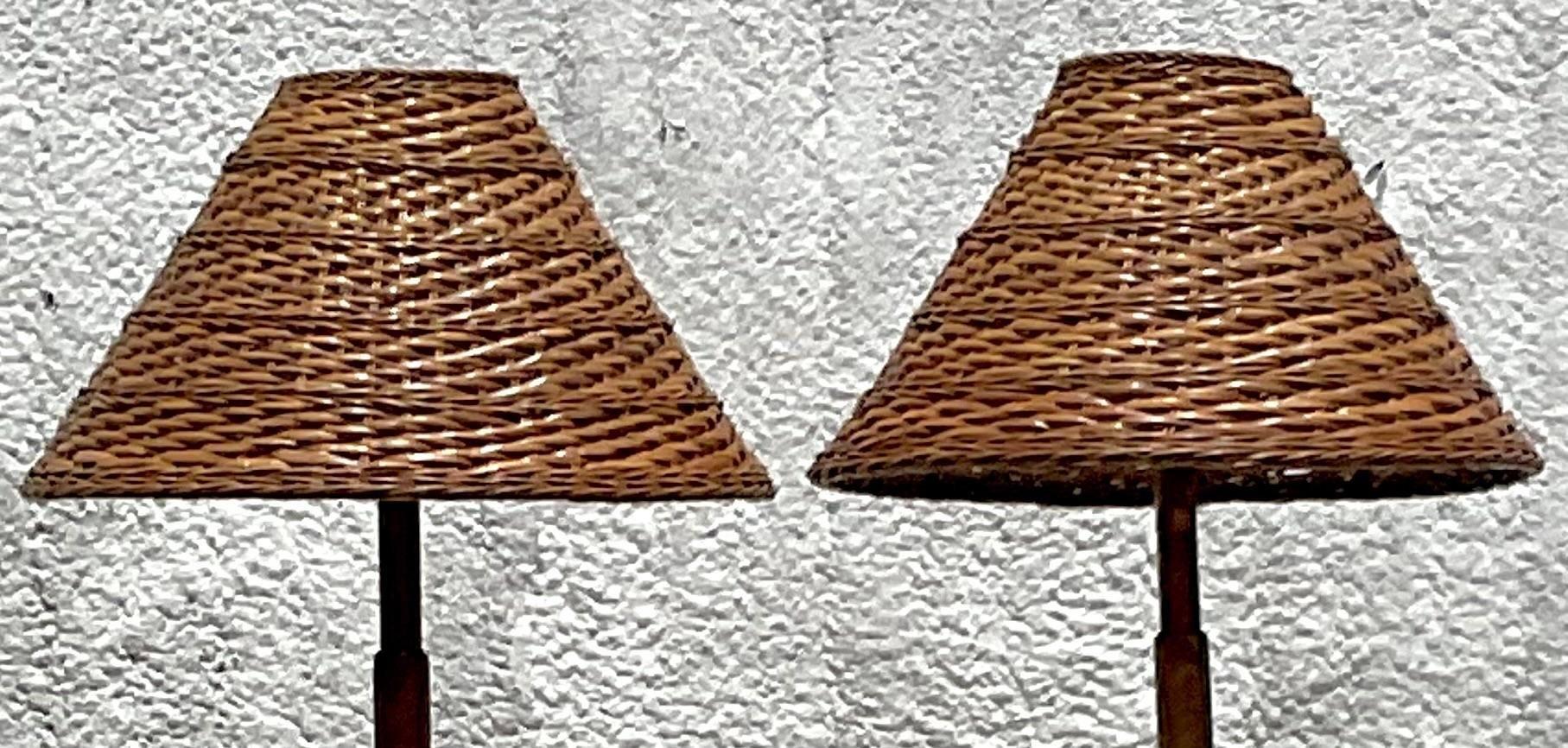 Vintage Late 20th Century Teak Floor Lamps With Woven Rattan Shades - a Pair 2
