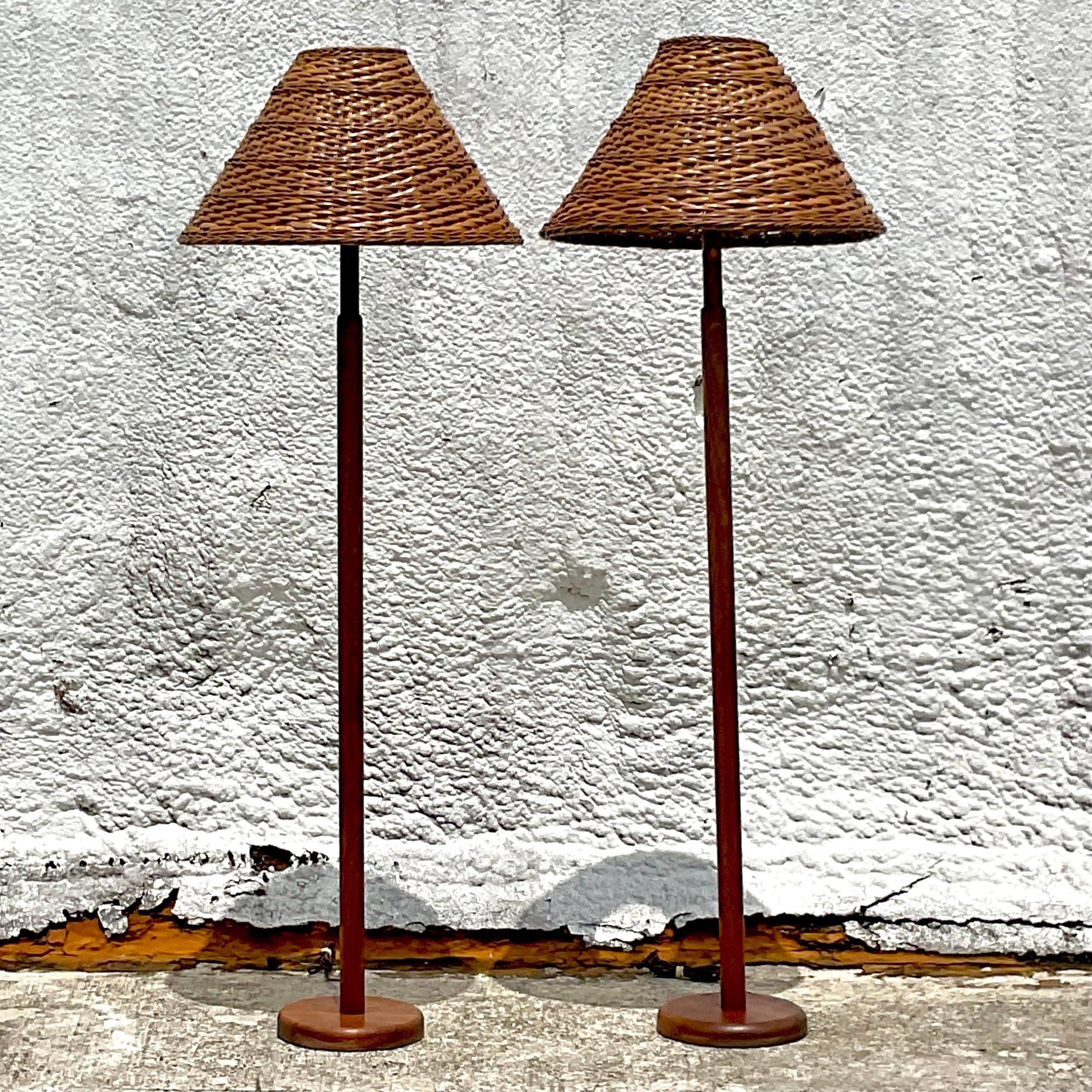 Vintage Late 20th Century Teak Floor Lamps With Woven Rattan Shades - a Pair 3