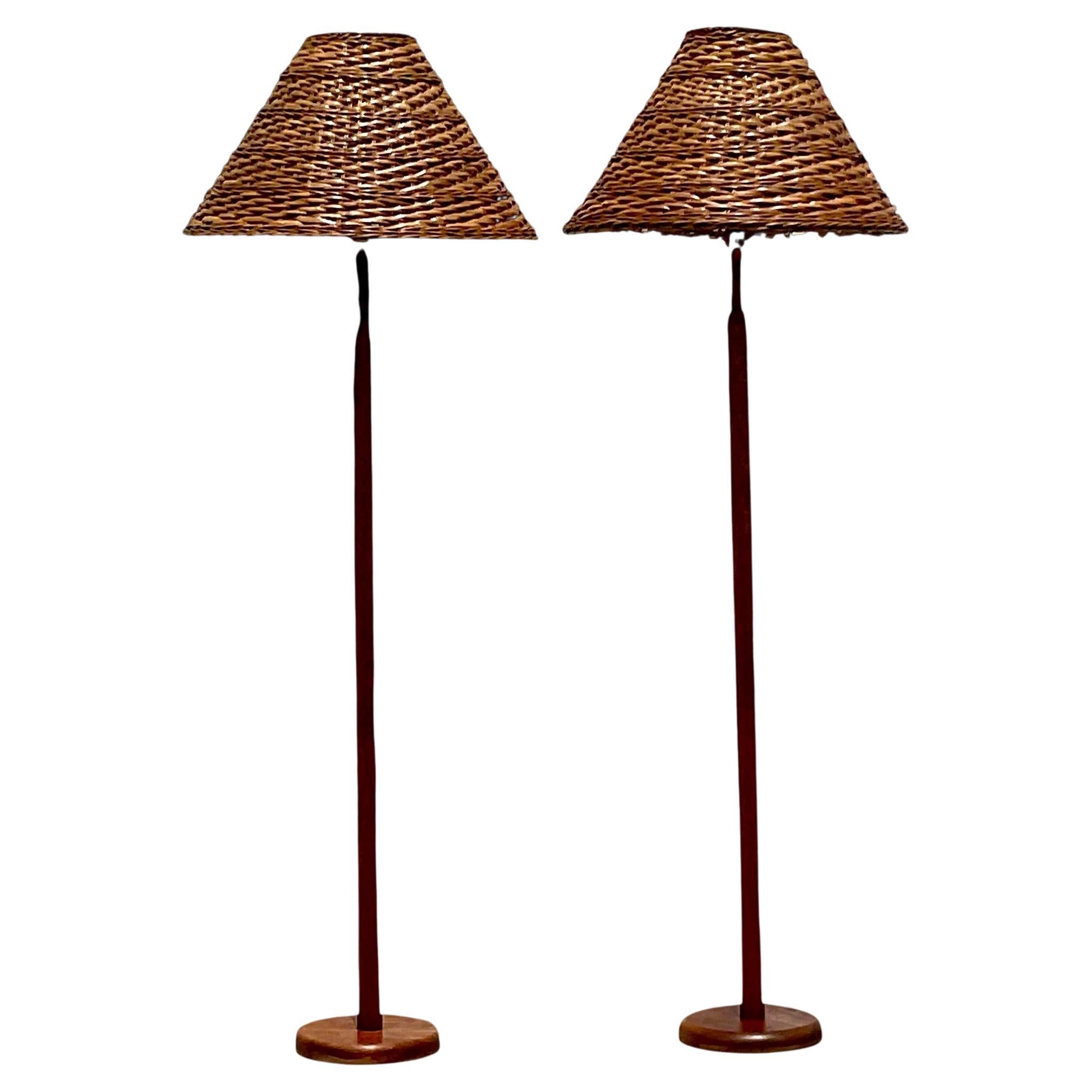 Vintage Late 20th Century Teak Floor Lamps With Woven Rattan Shades - a Pair