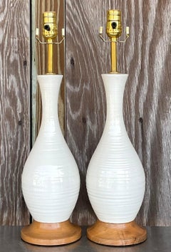 Vintage Late 20th Century Wheel Turned Ceramic Lamps - a Pair