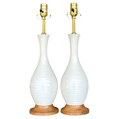 Vintage Late 20th Century Wheel Turned Ceramic Lamps - a Pair