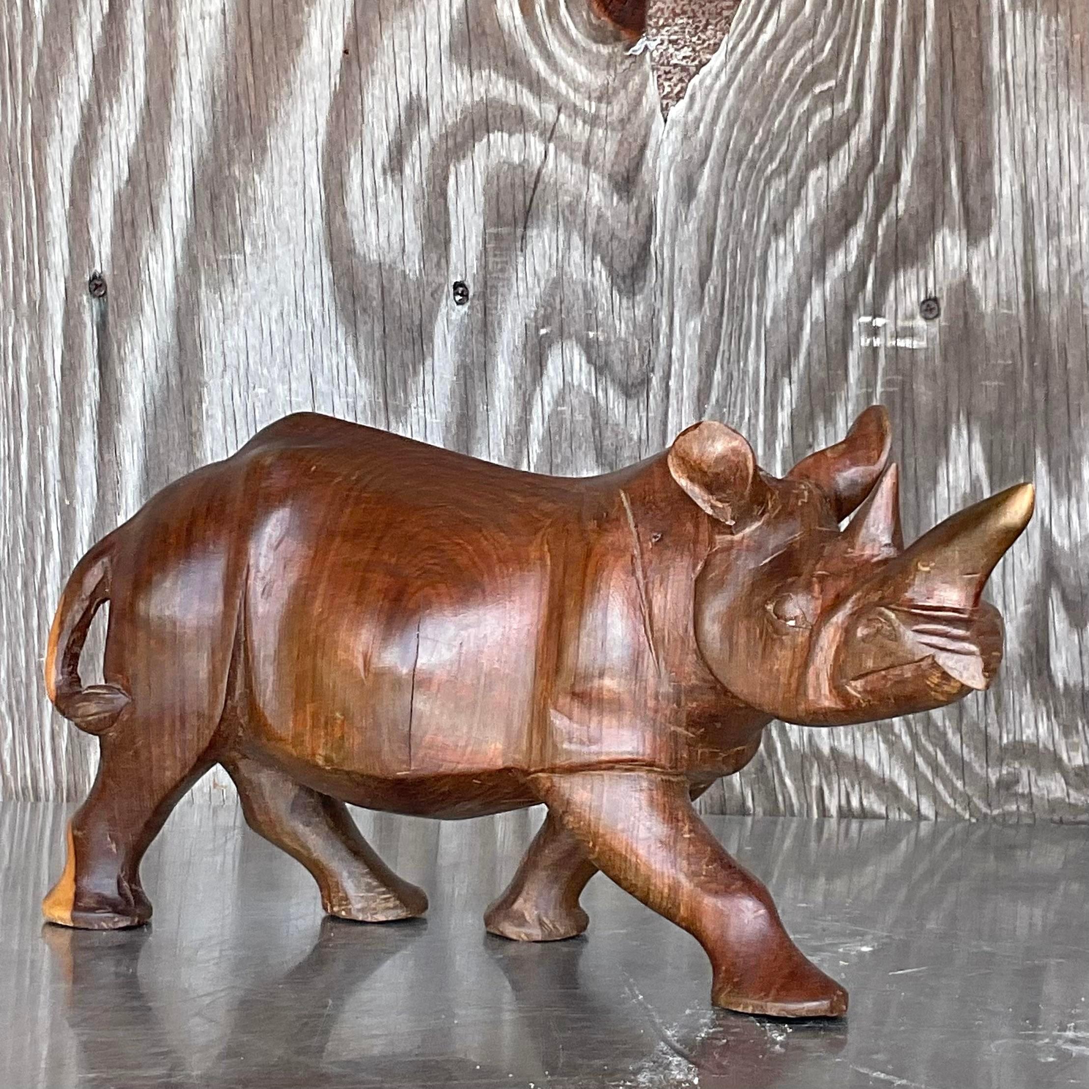 Vintage Late 20th Century Wood Rhino In Good Condition For Sale In west palm beach, FL