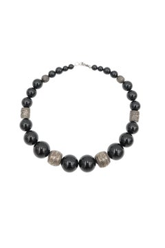 Vintage Late 70s - 1980s Black Onyx Beaded Necklace with Engraved Silver Spacers