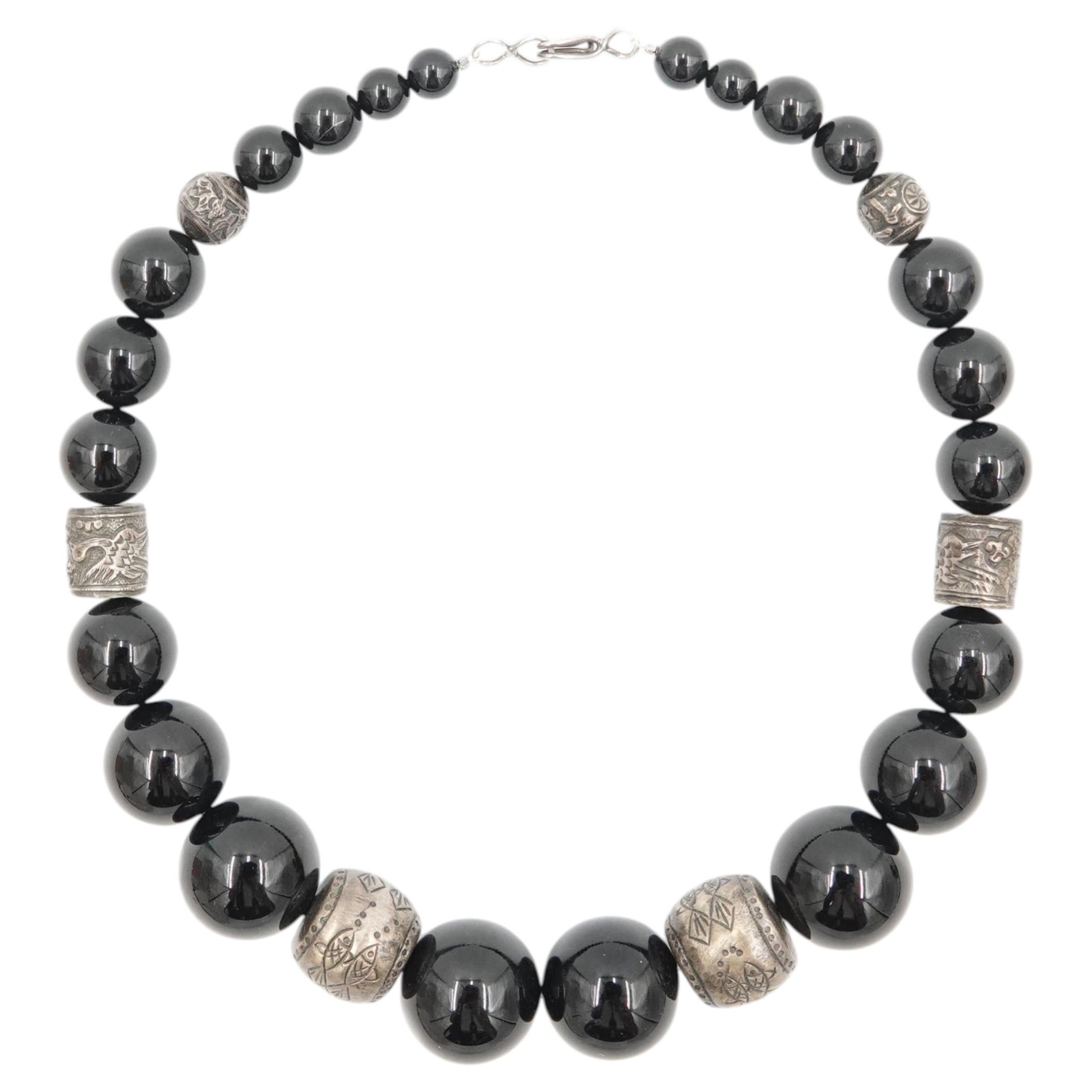 Vintage Late 70s - 1980s Black Onyx Beaded Necklace with Engraved Silver Spacers
