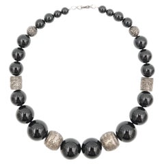 Vintage Late 70s - 1980s Black Onyx Beaded Necklace with Engraved Silver Spacers