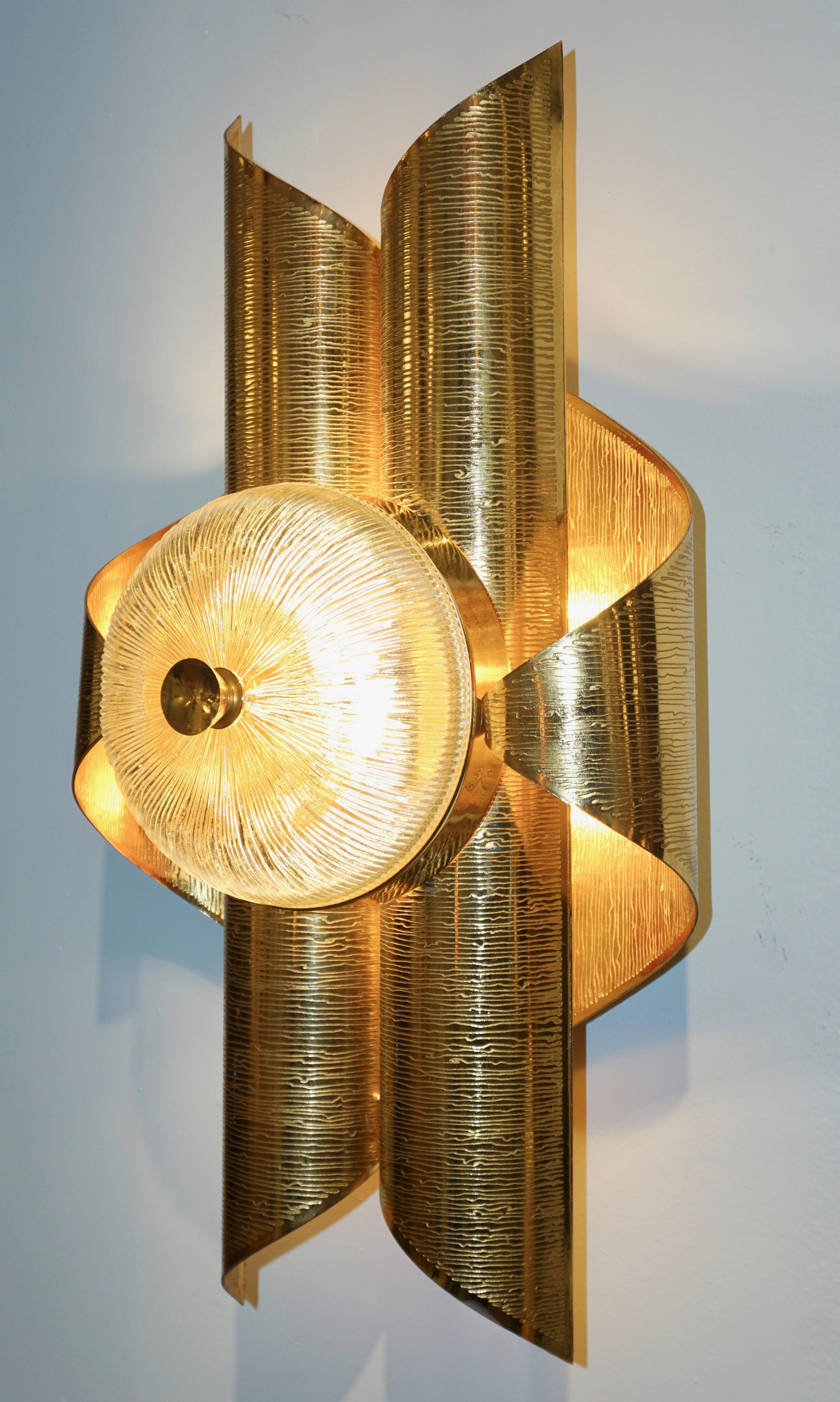 Vintage Late 1970s Modern Design Pair of Folded Brass and Clear Glass Sconces 1