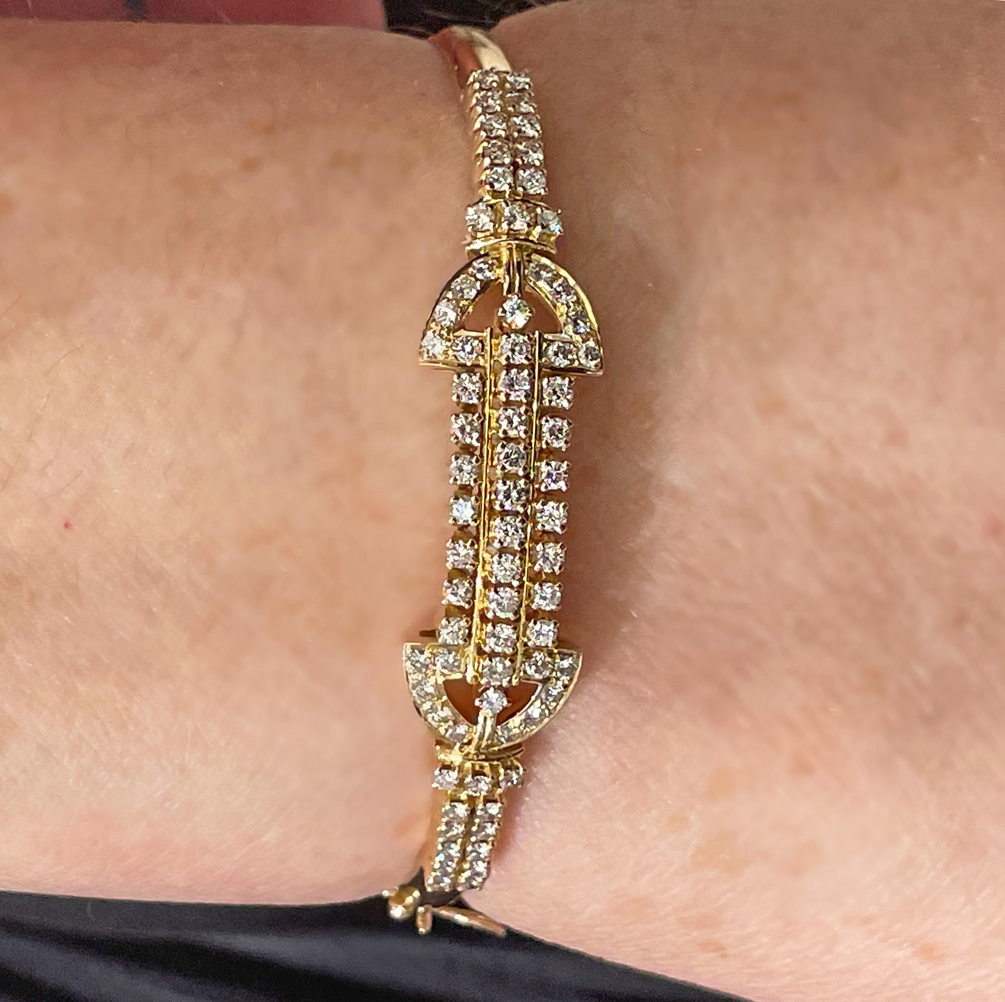 Vintage Late Art Deco 1.50ctw Diamond Bangle Hinged 18K Gold Bracelet For Sale 10