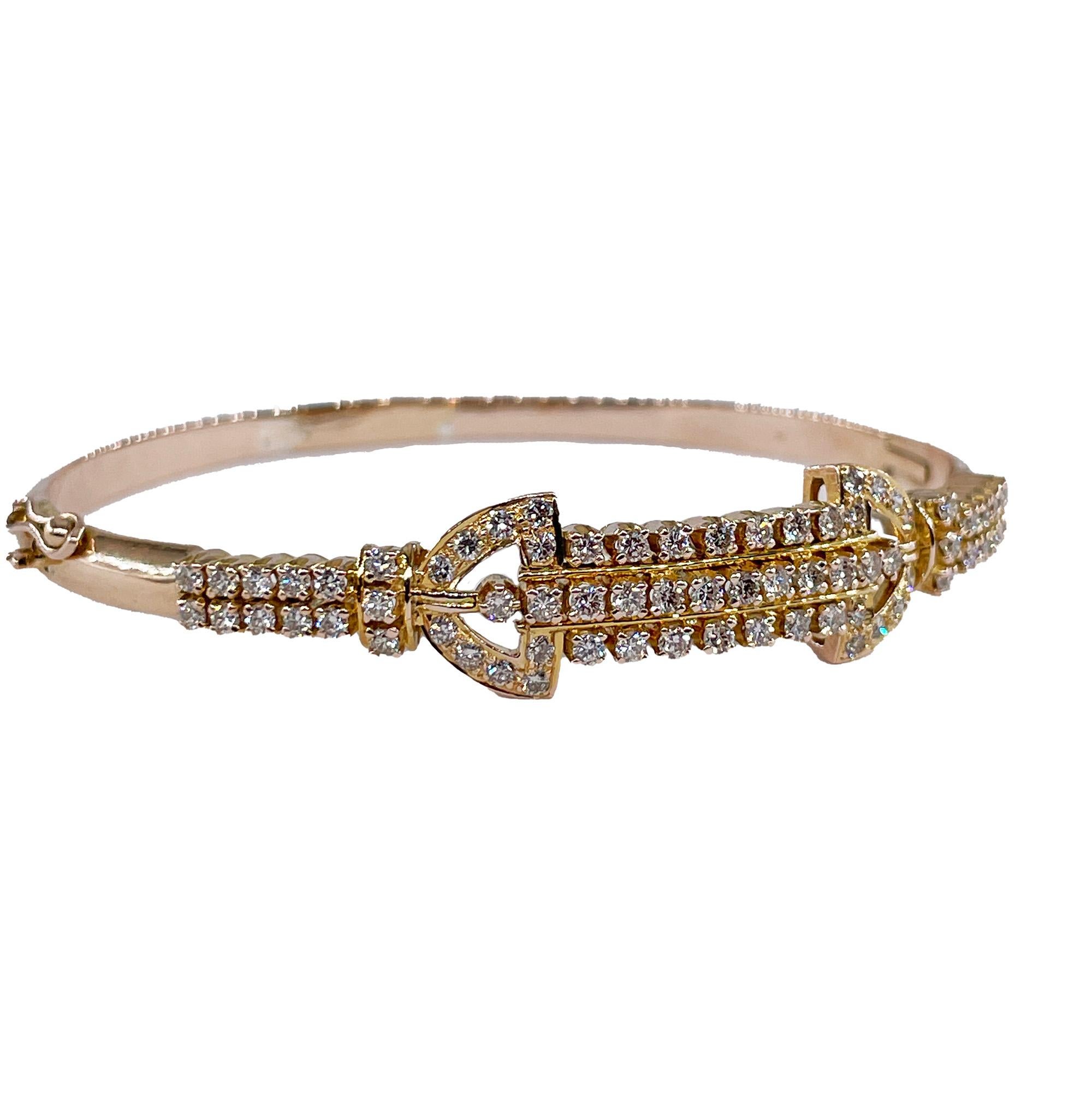 Round Cut Vintage Late Art Deco 1.50ctw Diamond Bangle Hinged 18K Gold Bracelet For Sale