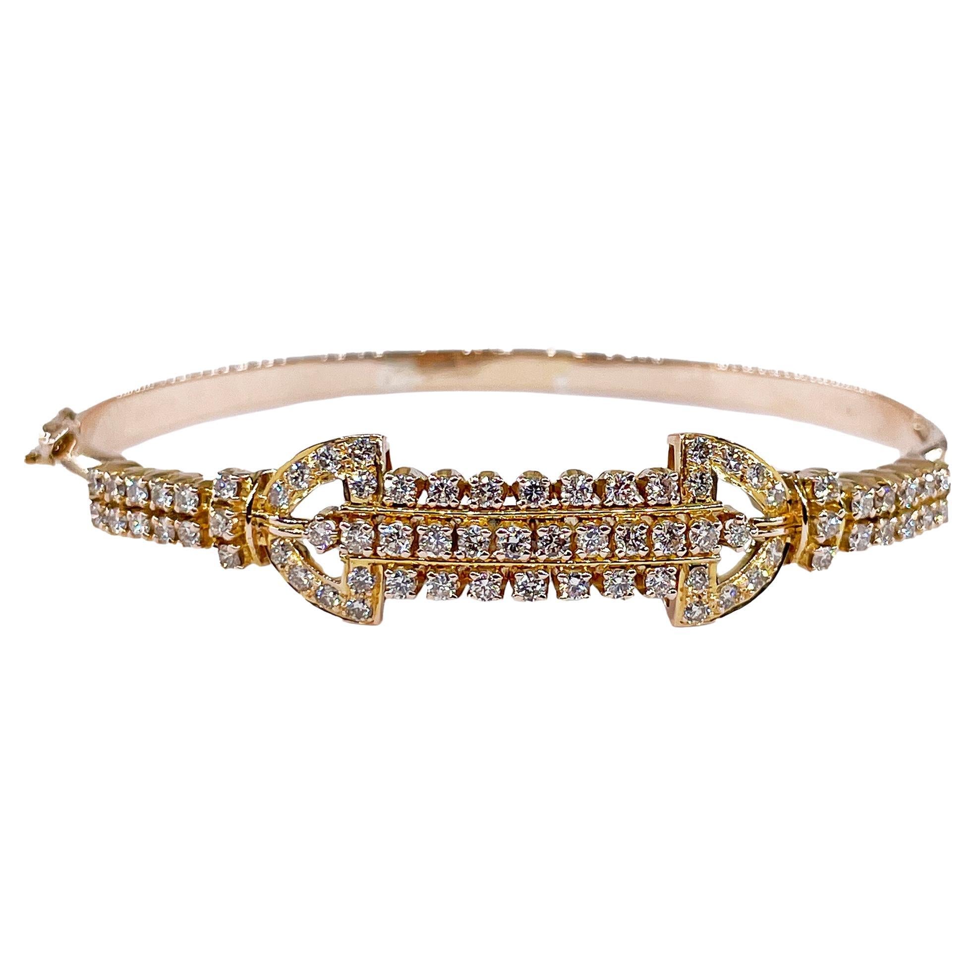 Vintage Late Art Deco 1.50ctw Diamond Bangle Hinged 18K Gold Bracelet For Sale