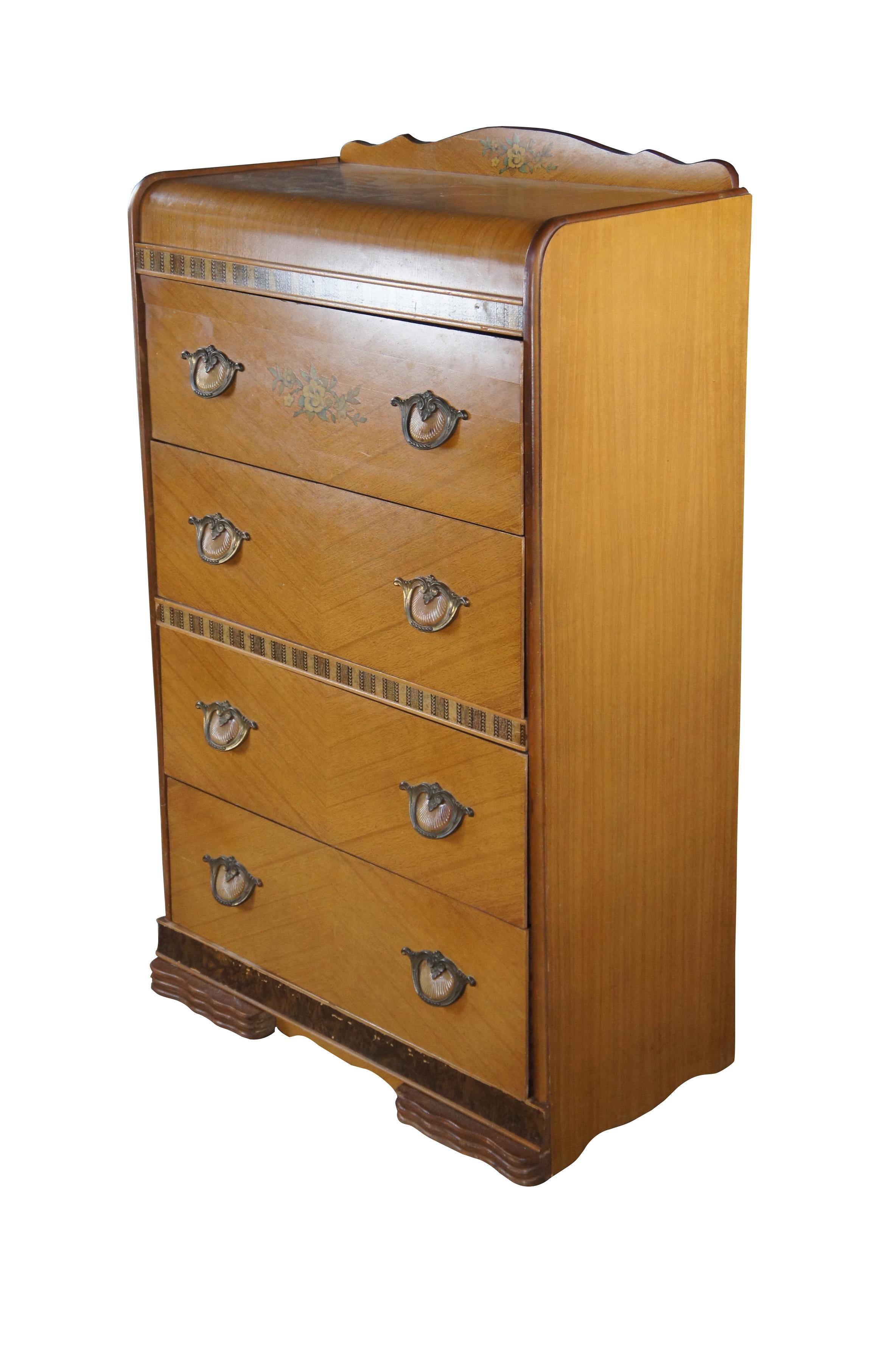 Mid 20th Century Art Deco waterfall chest of drawers.  Made from mahogany with a matchbook 