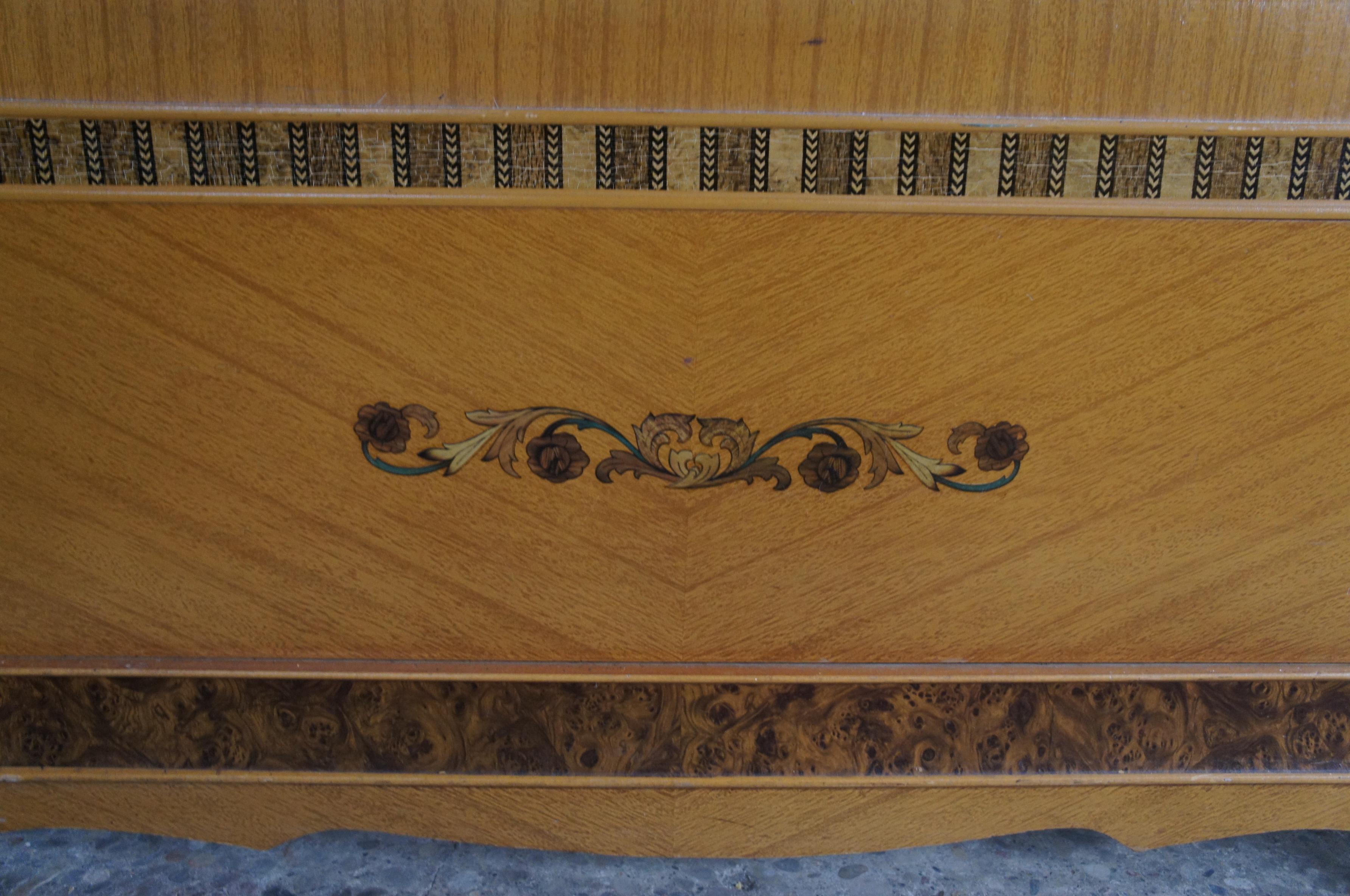 Vintage Late Art Deco Mahogany Waterfall  Full Size Burl & Inlay 4 Poster Bed For Sale 2