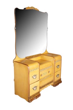 Vintage Late Art Deco Mahogany Waterfall Vanity Dressing Table & Bench Bakelite