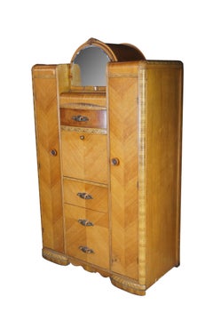 Vintage Late Art Deco Waterfall Walnut Chifferobe Secretary Desk Dresser Armoire
