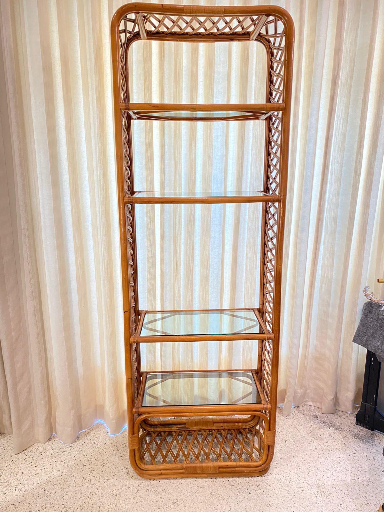 Vintage Lattice Style Bamboo & Rattan Etagere In Good Condition For Sale In East Hampton, NY