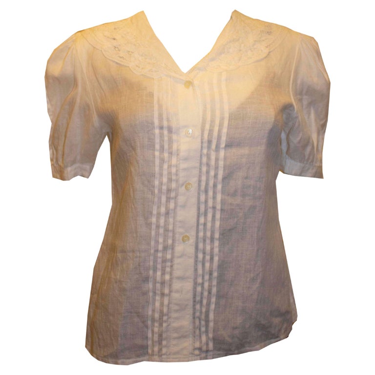 Vintage Laura Ashley White Linen Blouse For Sale