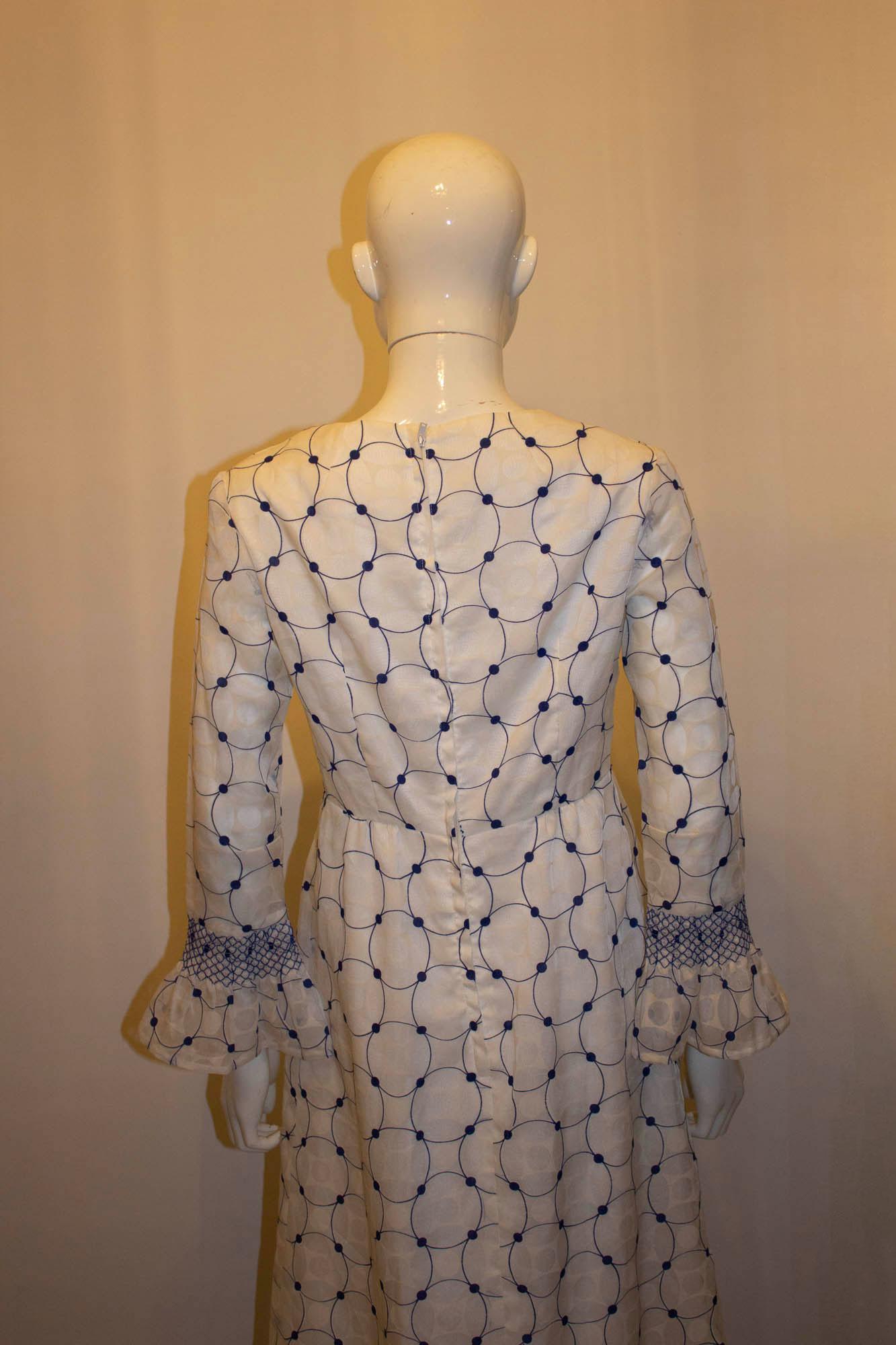 Beige Vintage Laura Lee Blue and White Gown For Sale