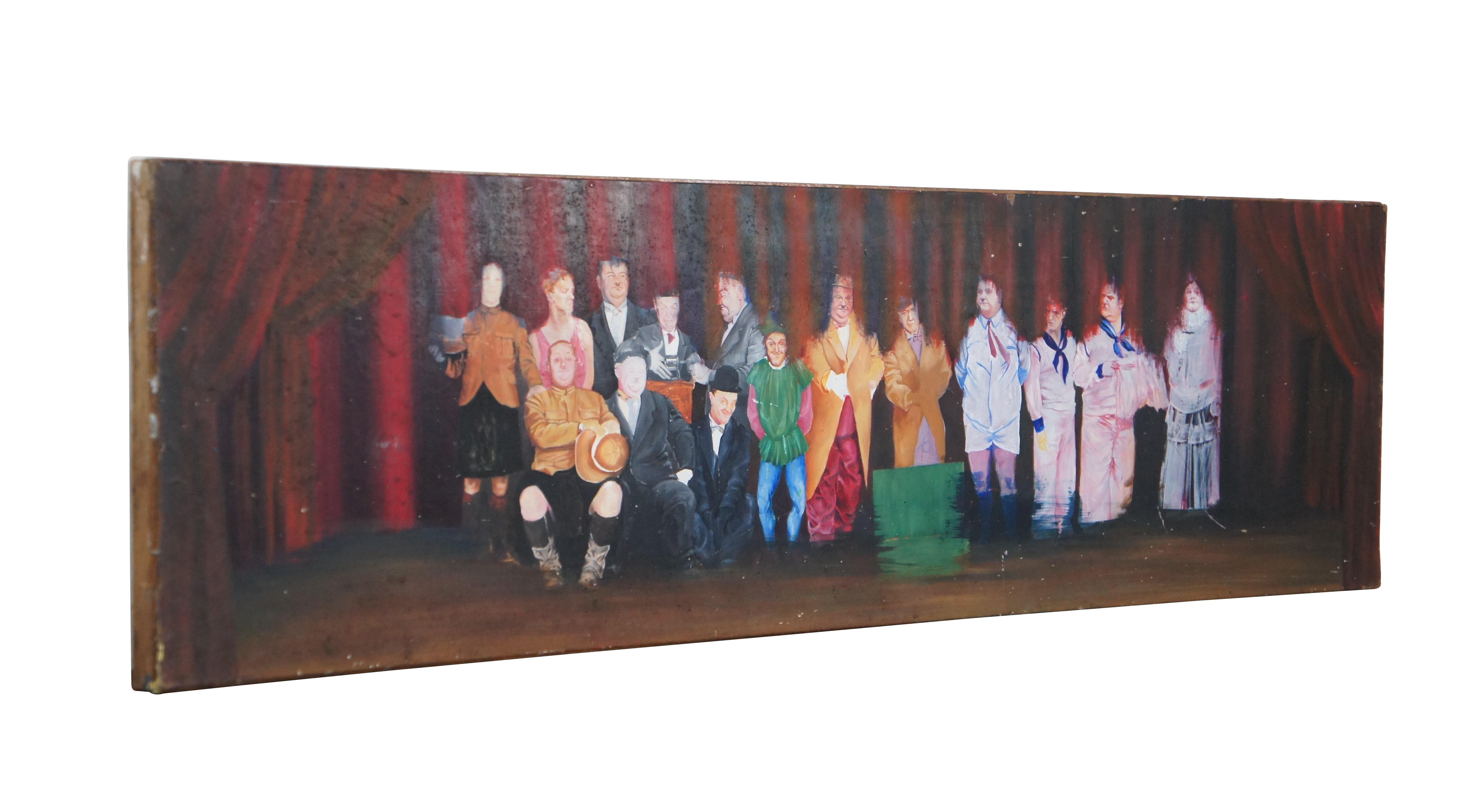 Late 20th century original oil on board panoramic yard long painting depicting comedians Stan Laurel and Oliver Hardy on a red curtained stage, dressed in a variety of costumes ranging across their thirty year career.  Painted by Sam 