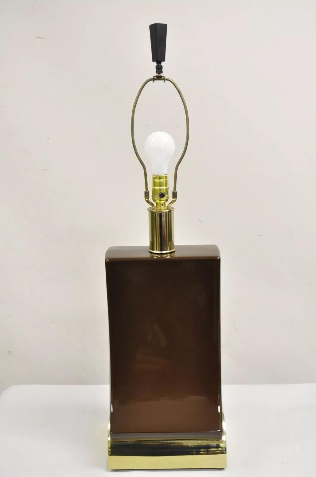 Lámpara de Sobremesa Vintage Laurel Modernista de Mediano Siglo Cerámica Marrón Chocolate y Latón Desconocido en venta