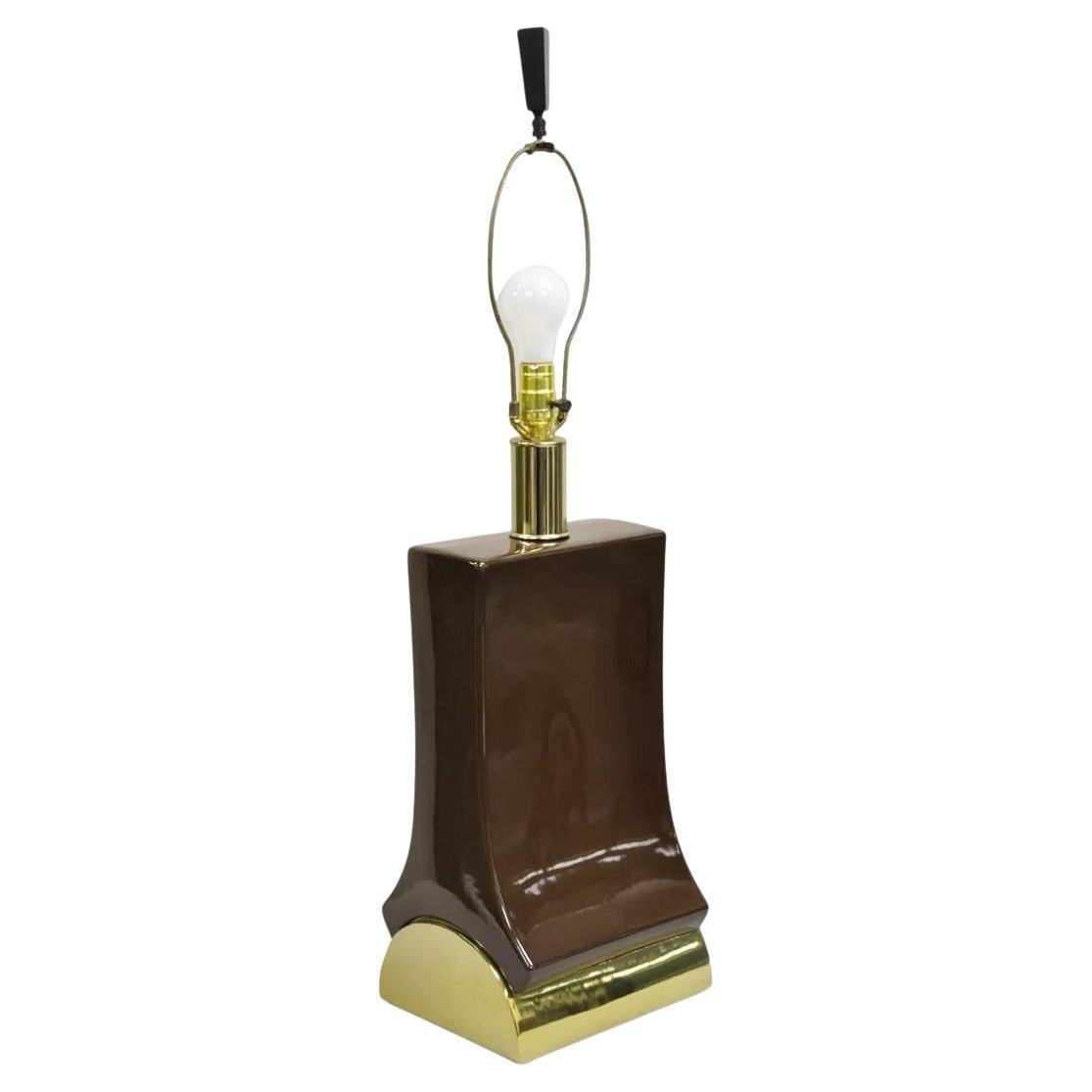 Vintage Laurel Mid Century Modernist Chocolate Brown Ceramic & Brass Table Lampes de table