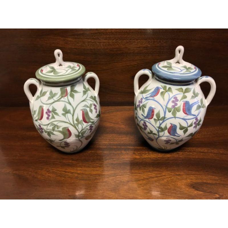 Arts and Crafts LAURENCE McGOWAN England Avian Stoneware Lidded Ginger Jars Urns - Pair