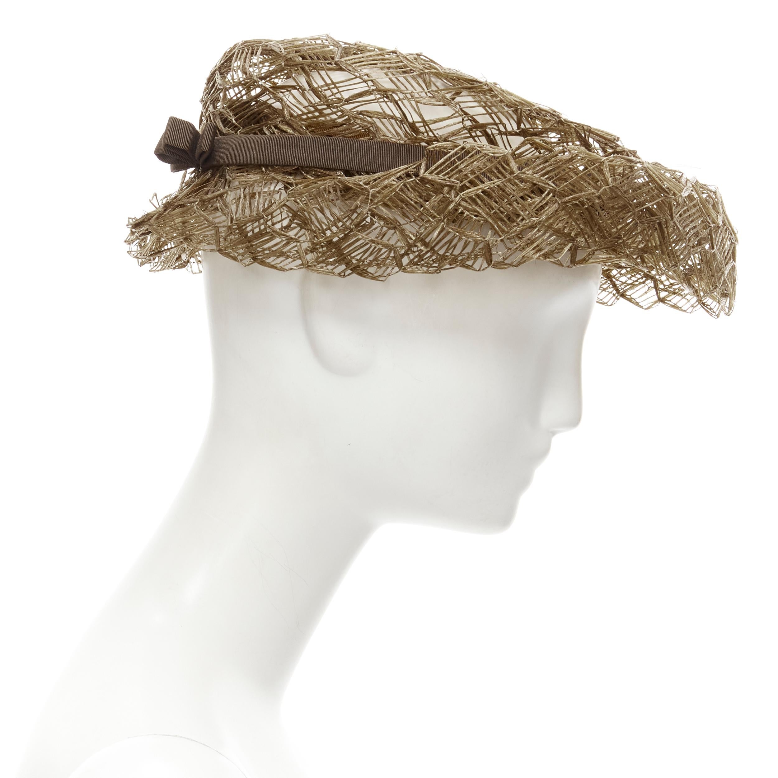 Beige vintage LAURENCE PARIS brown straw raffia woven bow grosgrain boater hat For Sale