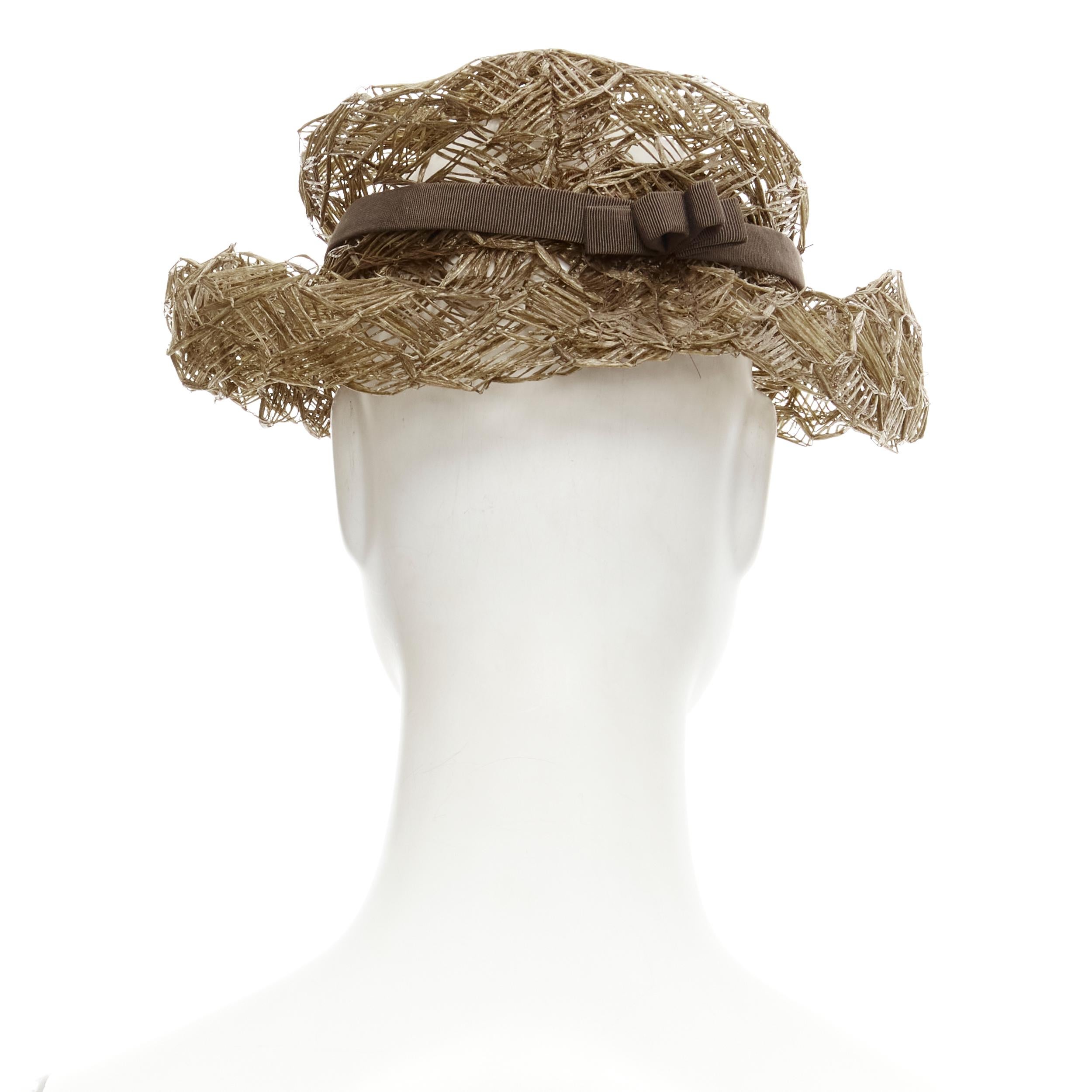 vintage LAURENCE PARIS brown straw raffia woven bow grosgrain boater hat In Excellent Condition For Sale In Hong Kong, NT
