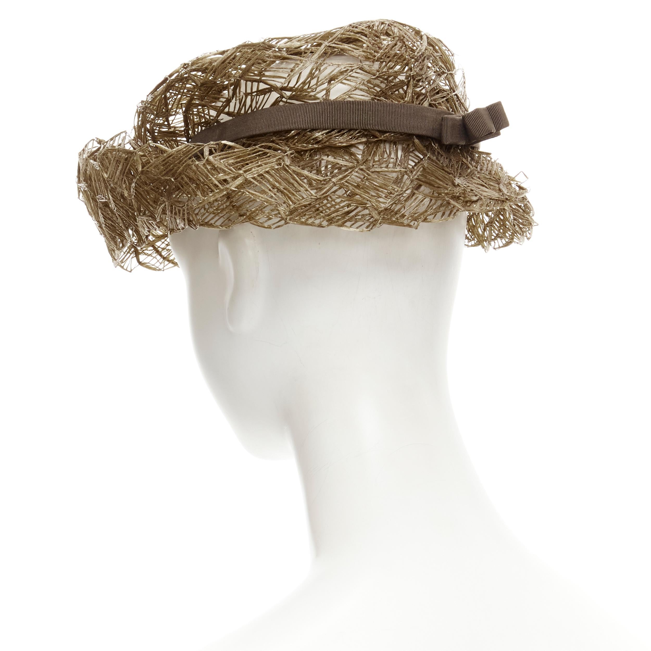 Women's vintage LAURENCE PARIS brown straw raffia woven bow grosgrain boater hat For Sale