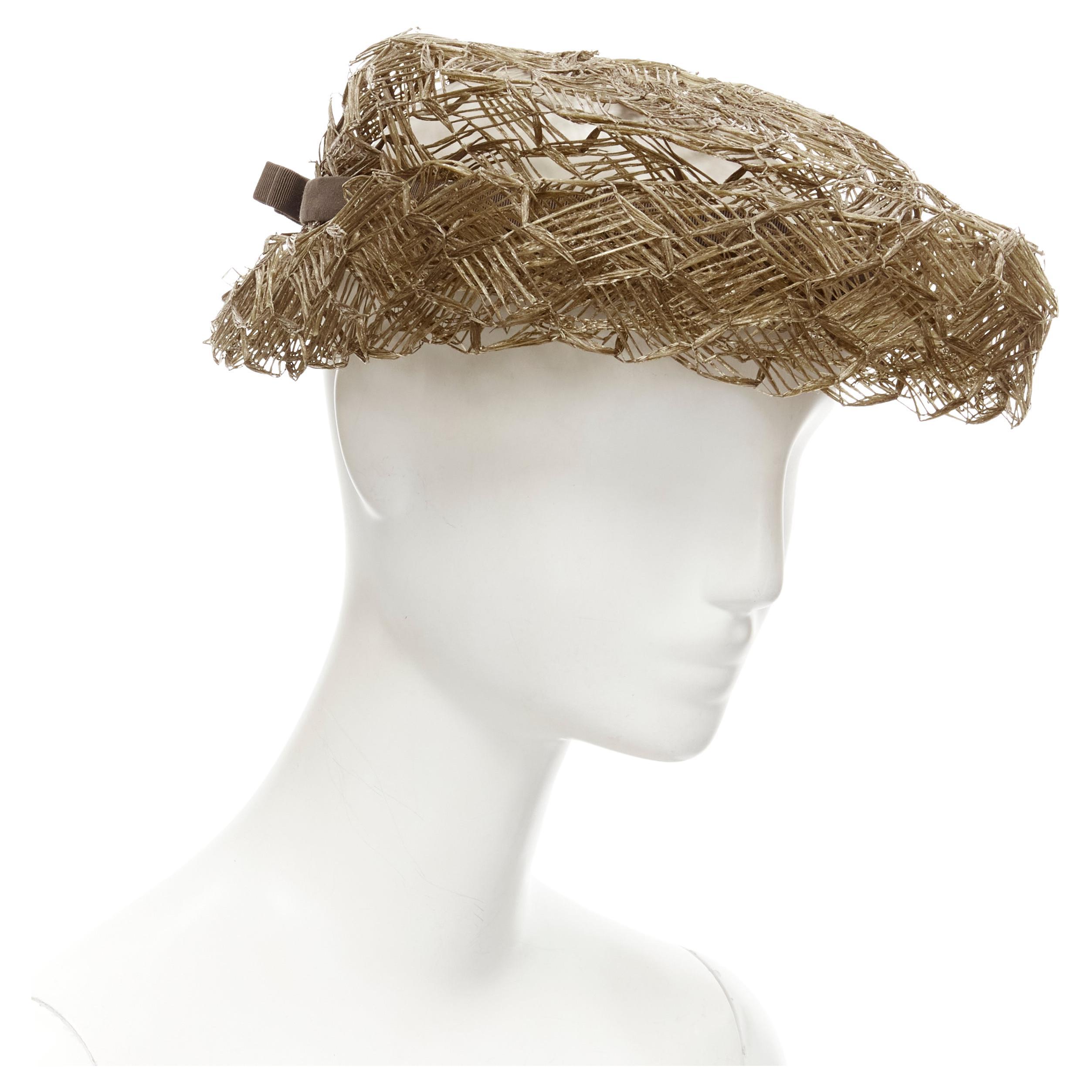 vintage LAURENCE PARIS brown straw raffia woven bow grosgrain boater hat For Sale