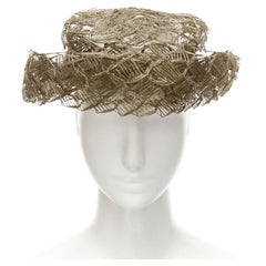 vintage LAURENCE PARIS brown straw raffia woven bow grosgrain boater hat