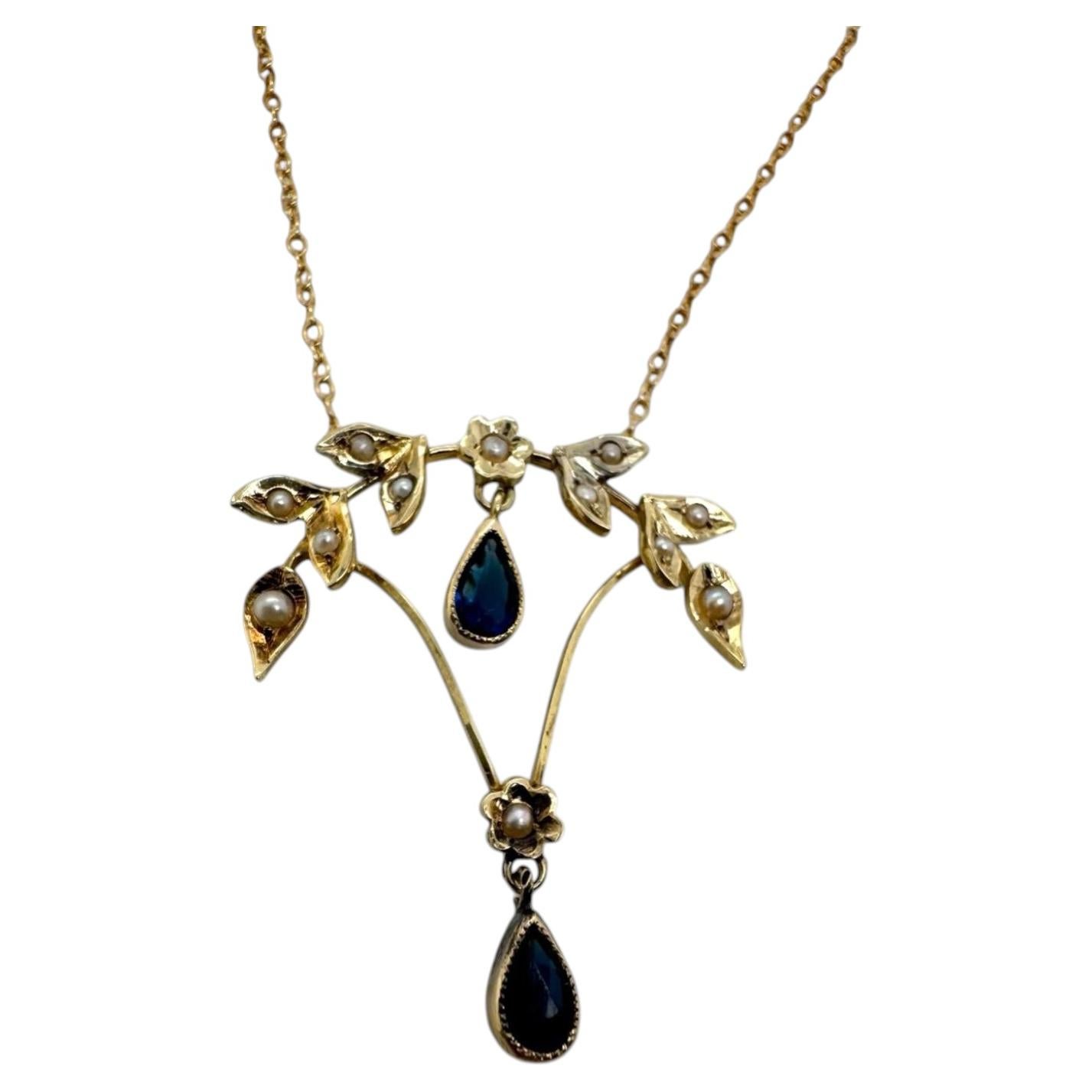 Collier vintage à perles de style lavalier en or jaune 14 carats