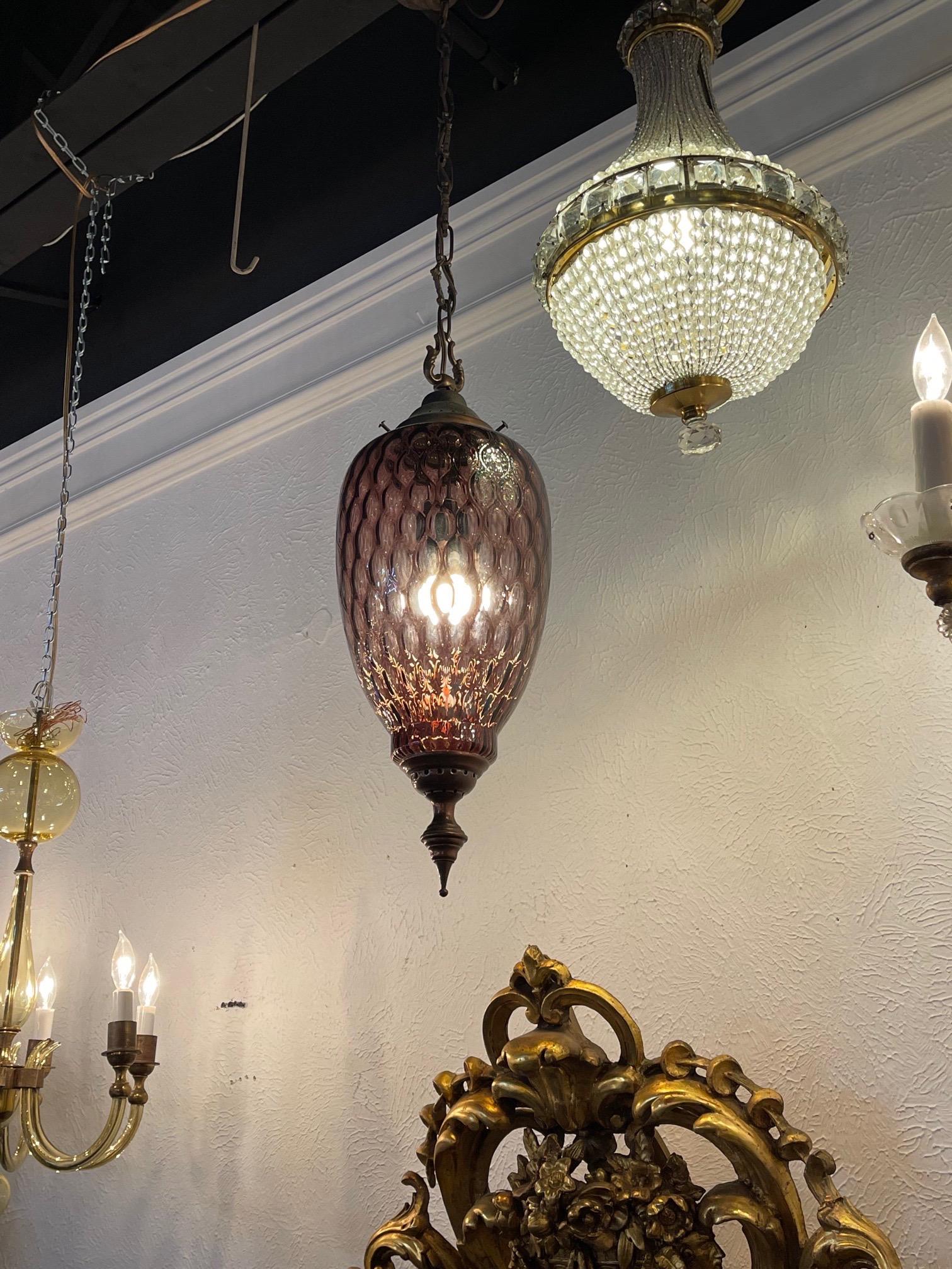 Nice vintage lavender colored Murano glass lantern. This piece has pretty textured glass. Creates an interesting vibe!