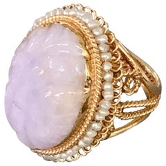 Vintage Lavender Jade Carved Stone and Pearl 14 Karat Yellow Gold Ring - Size 6