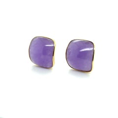 Vintage Lavender Jadeite Cabochon 14k Yellow Gold Omega Back Earrings 1980s