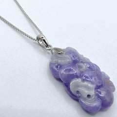 Vintage Lavender Jadeite Jade Pendant Fruit & Mouse Carving in 18K White Gold