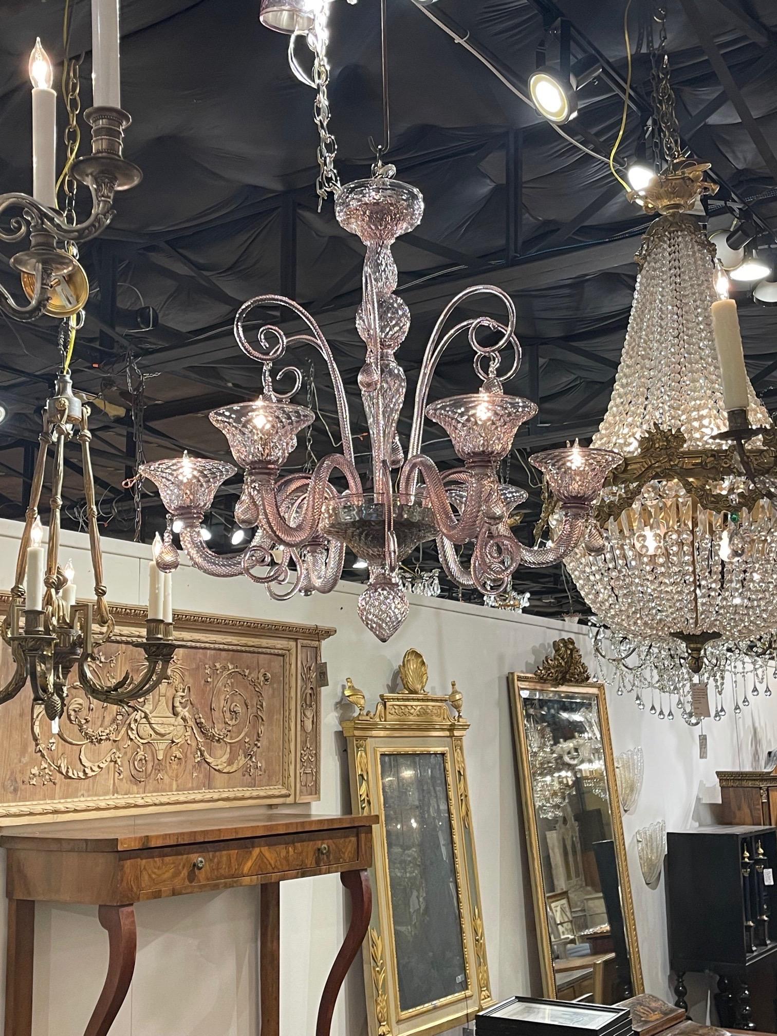 Decorative vintage lavender Murano glass chandelier with 6 lights. Very pretty textured glass in such a lovely shade. Stunning!!