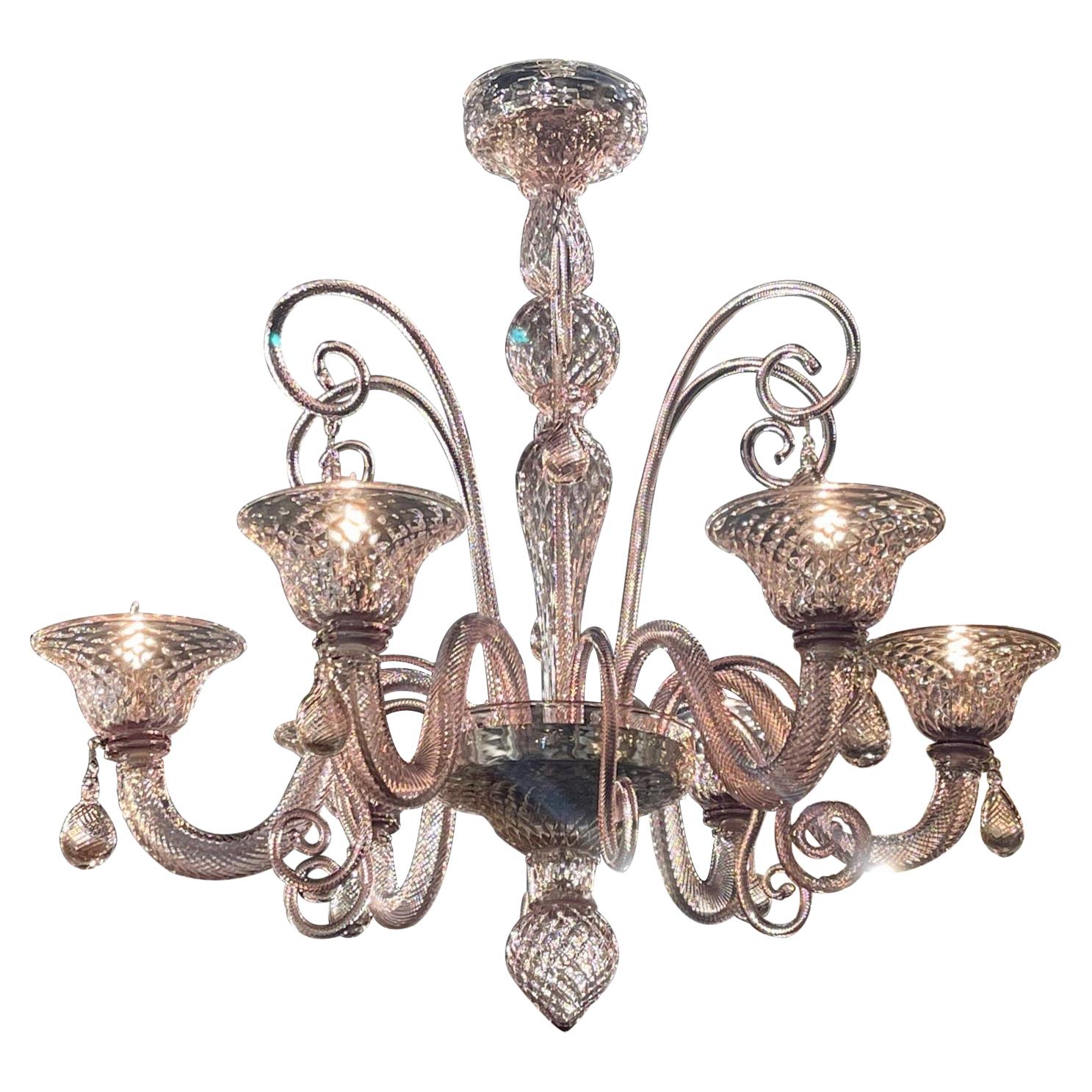 Vintage Lavender Murano Glass 6 Light Chandelier For Sale