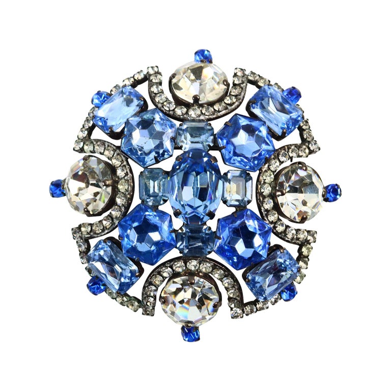 Women's or Men's Vintage Lawrence Vrba Blue and Clear Crystal Large Brooch Circa 1980s For Sale