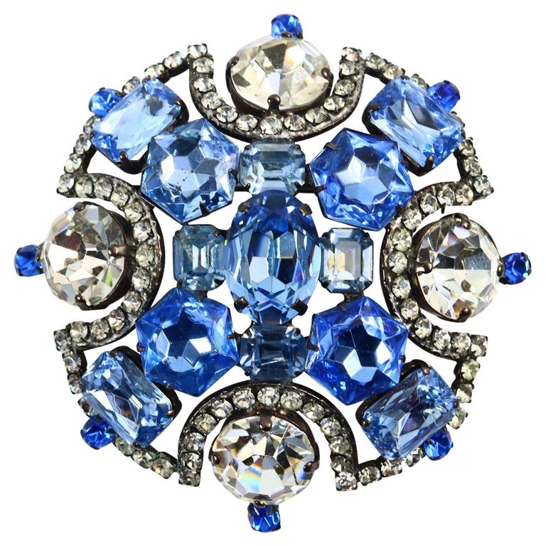 Vintage Lawrence Vrba Blue and Clear Crystal Large Brooch Circa 1980s For Sale