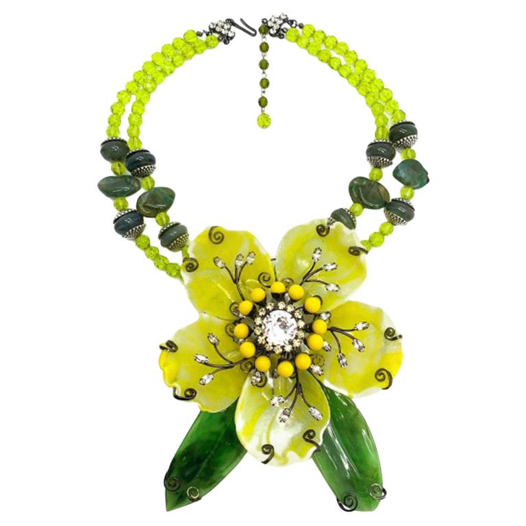 Vintage Lawrence Vrba Gigantic Acid Yellow Floral Necklace Corsage Brooch 2000s