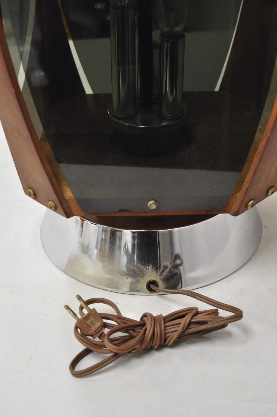 Vintage Lawrin Mid Century Modern Walnut Chrome Smoked Plexiglass Table Lamp For Sale 4