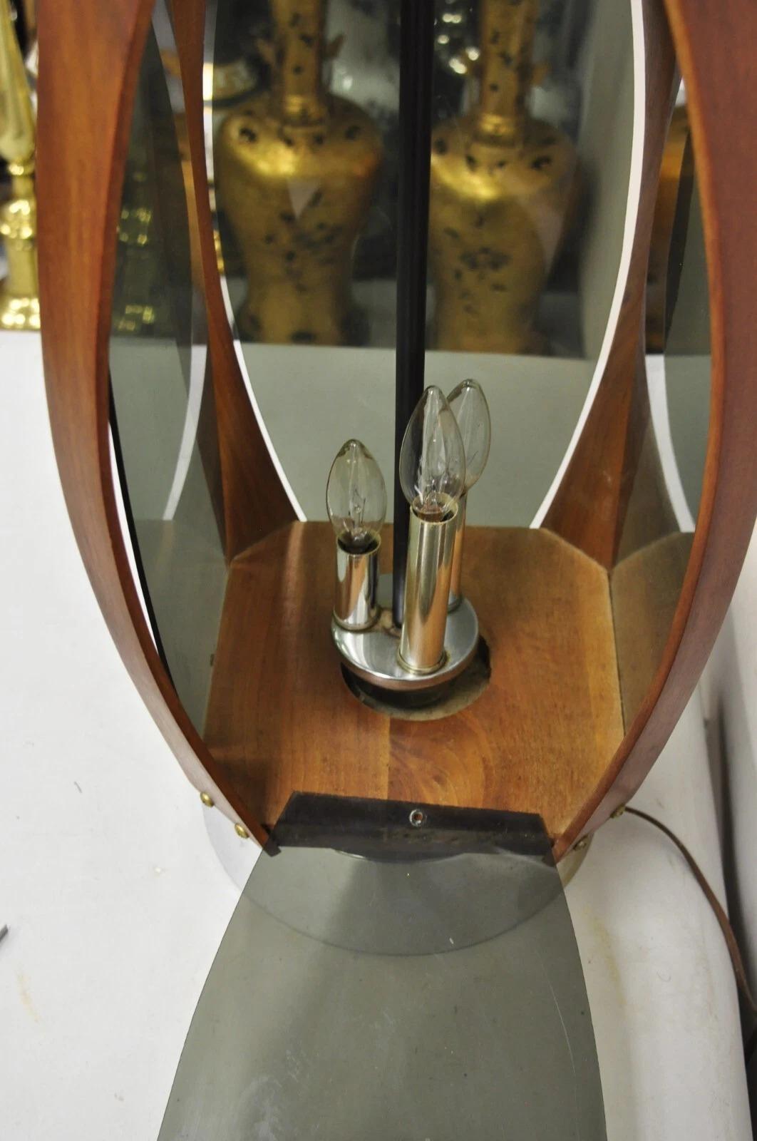 Vintage Lawrin Mid Century Modern Walnut Chrome Smoked Plexiglass Table Lamp For Sale 5